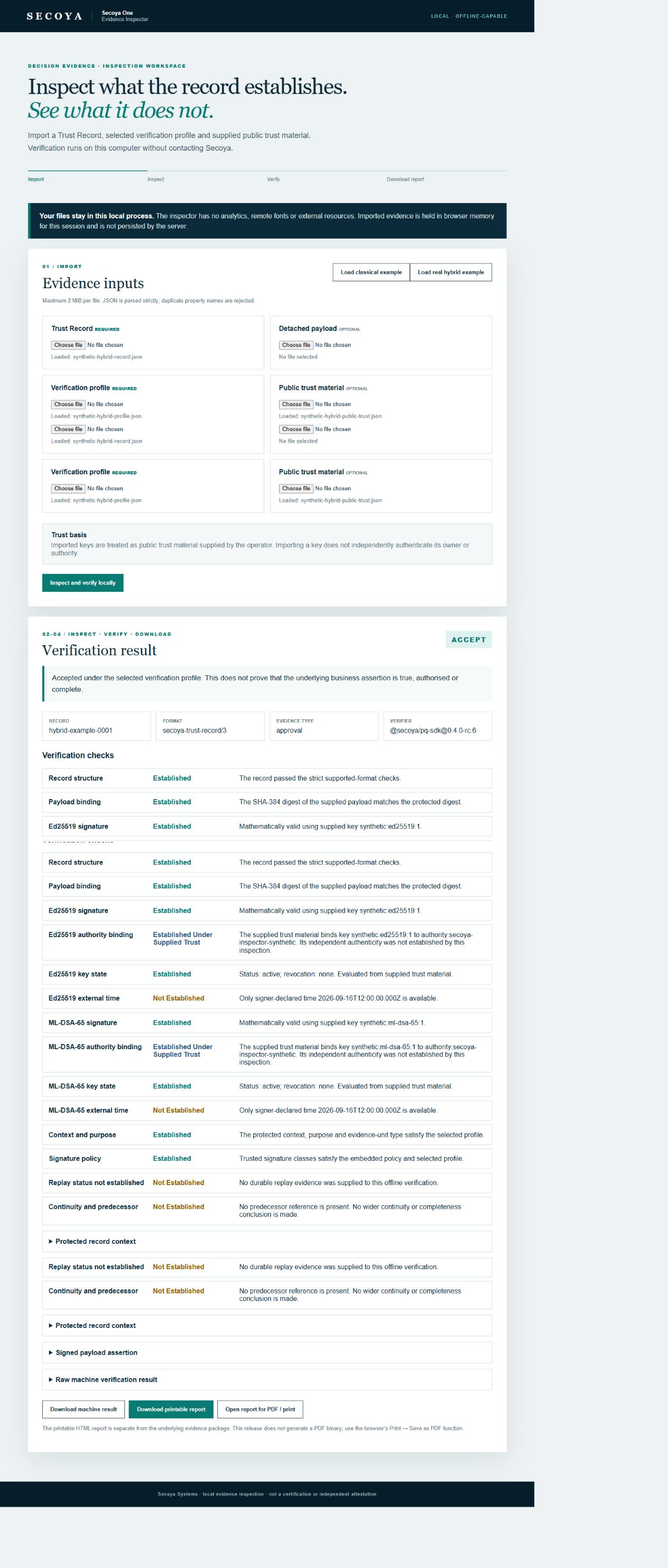 Actual Inspector acceptance of synthetic hybrid evidence — open full-size screenshot